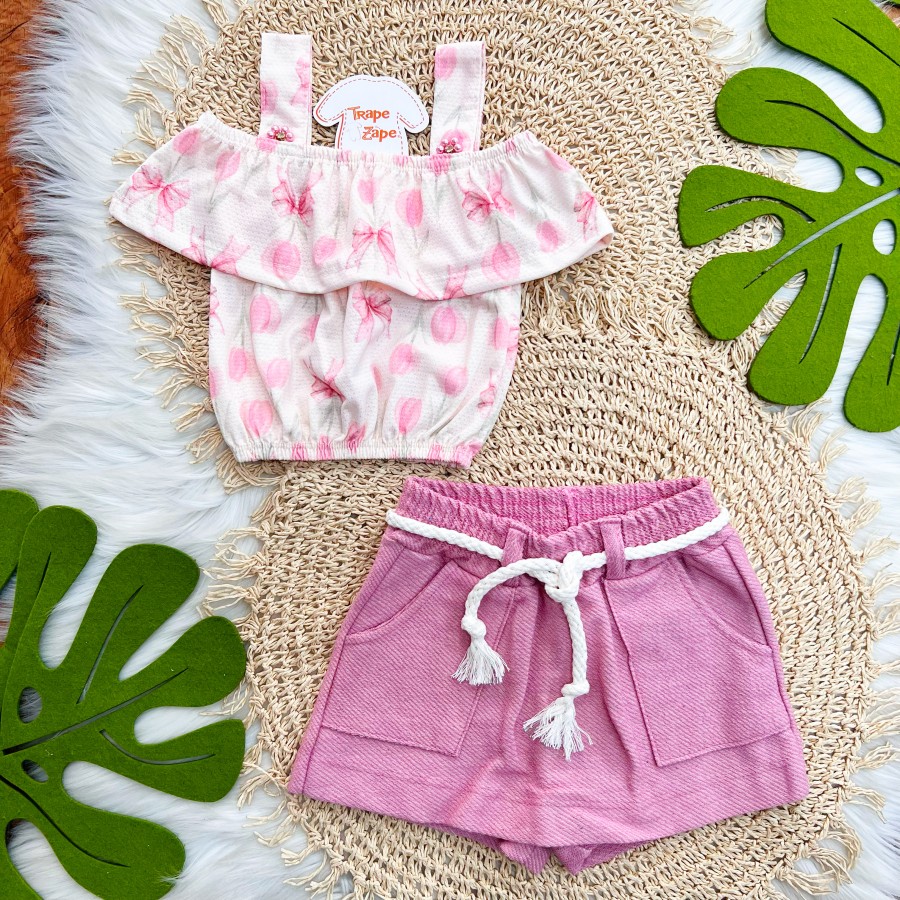 Conj. Blusa Ciganinha Floral e Short Saia - Rose